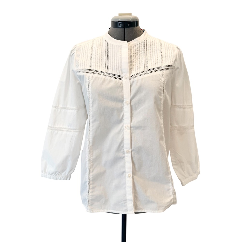 Lucky Brand White Cotton Pintuck Lace Trim Button Down Blouse Top Feminine Small - Picture 3 of 8